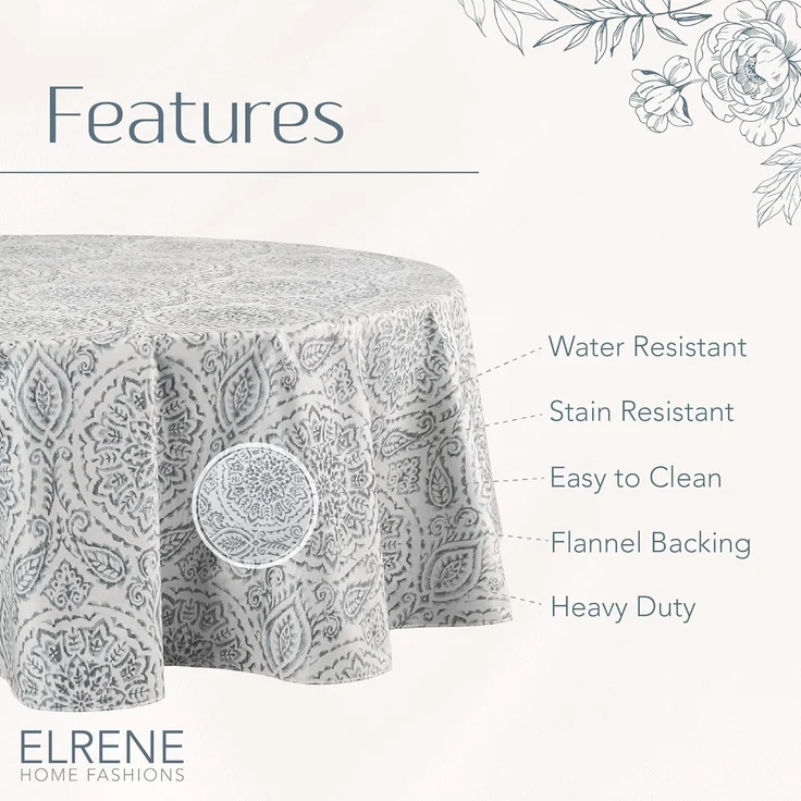 Elrene Home Fashions Savannah Boho Paisley Wasser- und Fleckenabweisende Vinyl-Tischdecke für drinnen und draußen, mit Flanell-Rückseite, 152,4 x 213,4 cm, oval, Grau – Bild 4