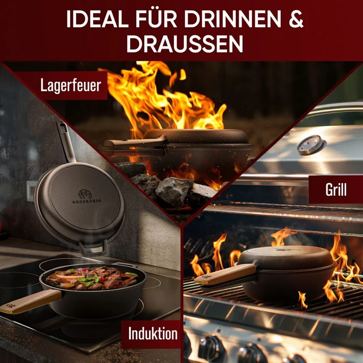 2in1 Casserole 3,6 l aus Gusseisen – Topf & Pfanne in einem, mit Ledergriff & Ringreiniger, eingebrannt, für Induktion, Grill & Backofen – Bild 5