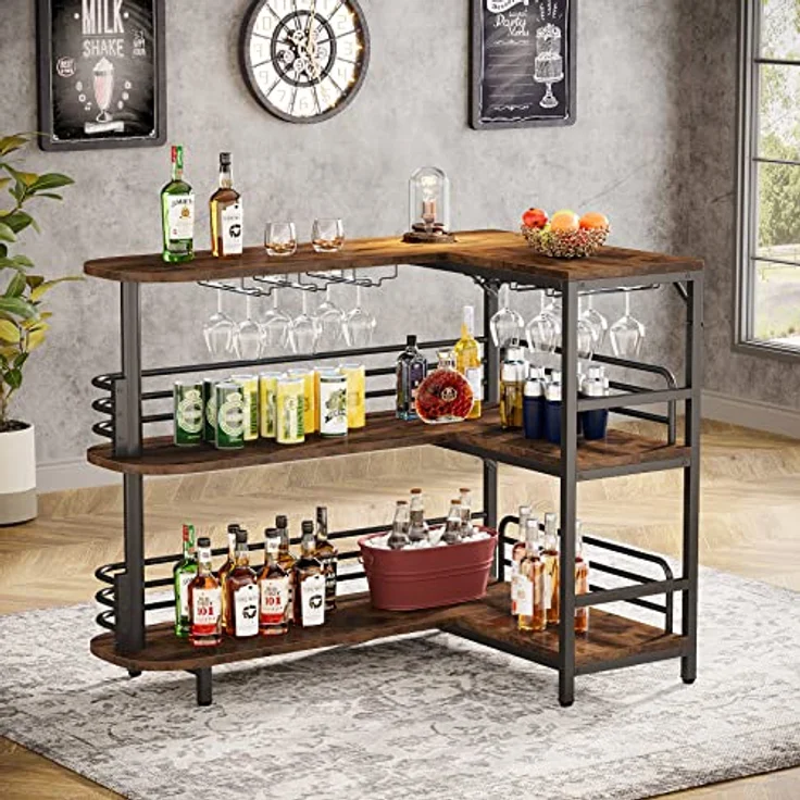 LITTLE TREE L-förmige Bar mit 3 Etagen, Likör-Bartisch, Eck-Wein-Barschrank, Mini-Bars für Zuhause, Küche, Pub, rustikales Braun – Bild 4