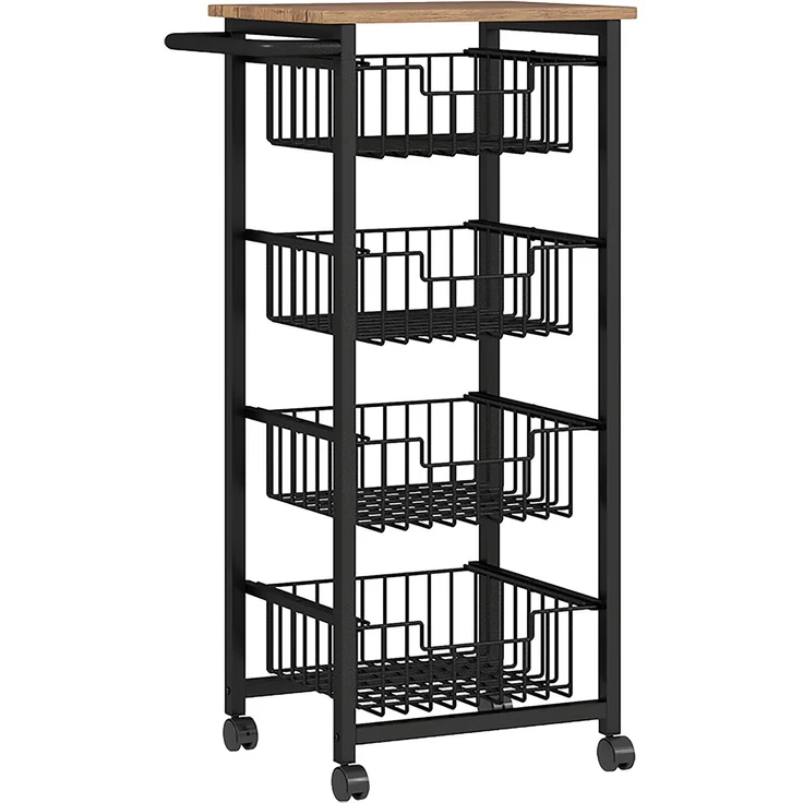Küchenwagen 49,5 x 31 x 91 cm mit MDF-Arbeitsplatte und 4 ausziehbaren Stahlkörben in Eiche – Bild 4