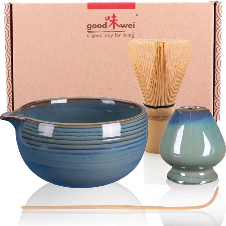 Goodwei Teeservice Matcha Tee Set "Menouseki": Matcha Schale mit Ausgießer & Besenhalter (4-tlg), 1 Personen, Keramik, handgearbeitet