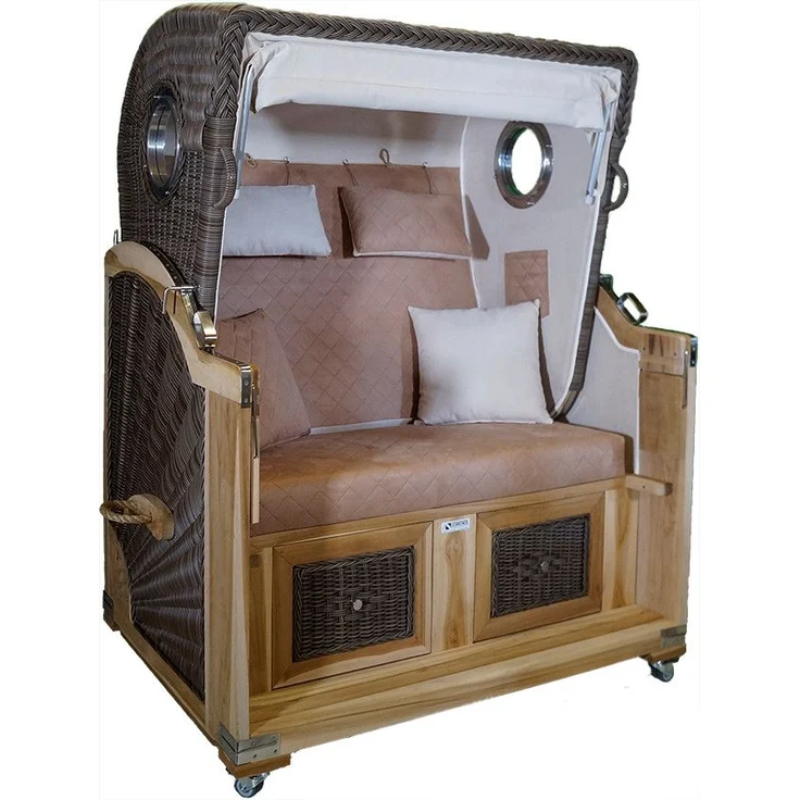 Strandkorb Teak Alcala hellbraun / creme Stoff gesteppt 2 Sitzer Voll-Liegemodell