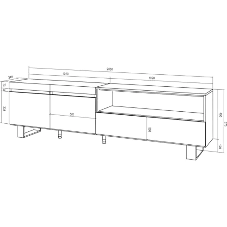 Skraut Home | TV-Schrank, Lowboard | für Wohnzimmer und Esszimmer | 200x57x35cm | Für TV-Geräte bis zu 80" | Industriedesign | Moderner Stil | Zement – Bild 3