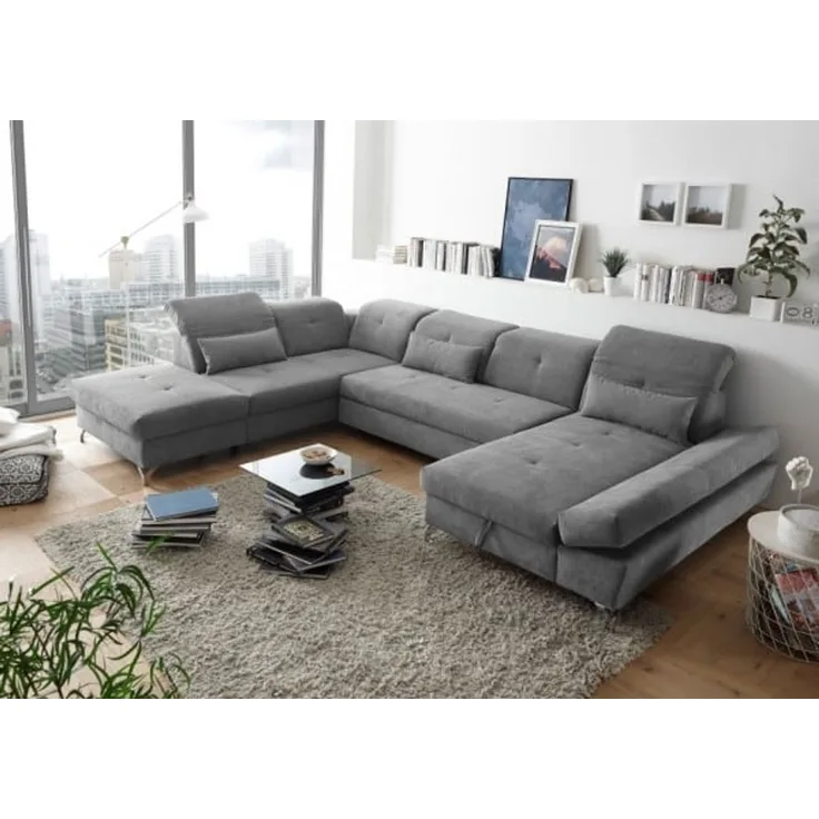 Couch MELFI L Sofa Schlafcouch Wohnlandschaft Schlaffunktion grau U-Form links