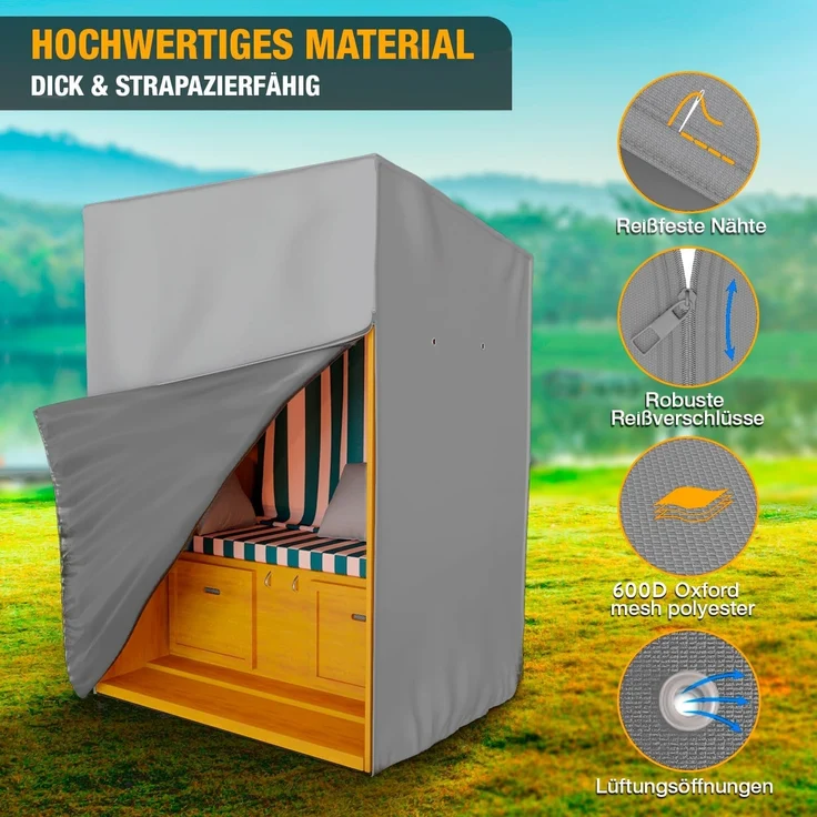 Kronenburg Strandkorb-Schutzhülle Wasserdicht & winterfest, für alle Strandkörbe, 420D Oxford Gewebe, 135x105x175cm, 2 Reißverschlüsse, Belüftungslöcher – Bild 3