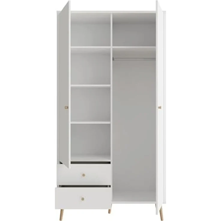 Forte HARLLSON Kleiderschrank 100 110, Mid-Century-Modern Stil, leichte Montage Dank EasyKlix by Forte, 2-türig, 2 Schubladen, Holzwerkstoff, Weiß, 104,5 cm breit x 201,7 cm hoch x 52,2 cm tief – Bild 4