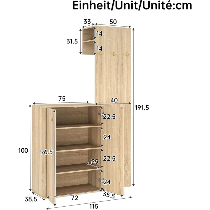 Kompaktgarderobe aus MDF mit Schuhschrank und Kleiderstange, 115x38,5x191,5 cm, Natur – Bild 5