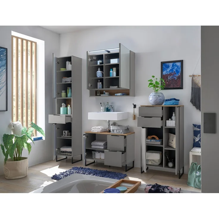 Hochschrank >Denver< 2 Türen, 1 Schublade, grau / evoke eiche Dekor - 38x195x32cm (BxHxT) – Bild 8