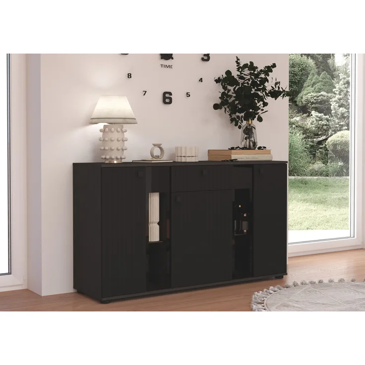 Kommode Salsa 2 Lamellenoptik Anbauwand Wohnwand Siedeboard MDF Schwarz + Grau