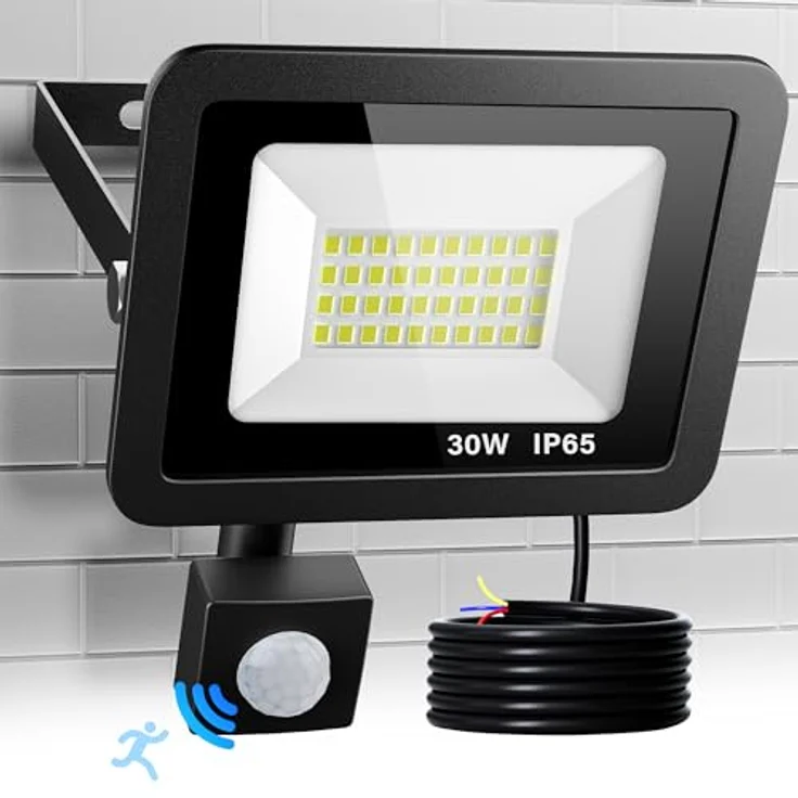 Realky LED Strahler mit Bewegungsmelder, 30W 3000LM, 6500K Kaltweiß, IP65 wasserdicht, verstellbarer PIR-Sensor für Garten, Garage und Hof – Bild 1