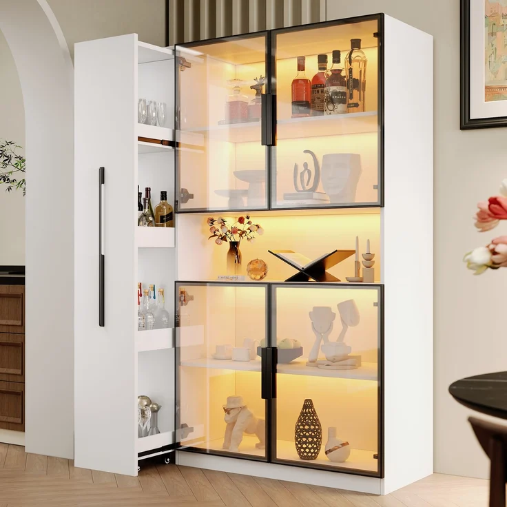 ZUBALIYA Glasvitrine110×35×160cm, weiß mit LED-Beleuchtung – mit ausziehbaren Regalen, vertikaler Vitrine mit Schubladen und vielseitigen Aufbewahrungsmöglichkeiten für Wohnzimmer, Küchen und Arbeitszimmer. – Bild 2