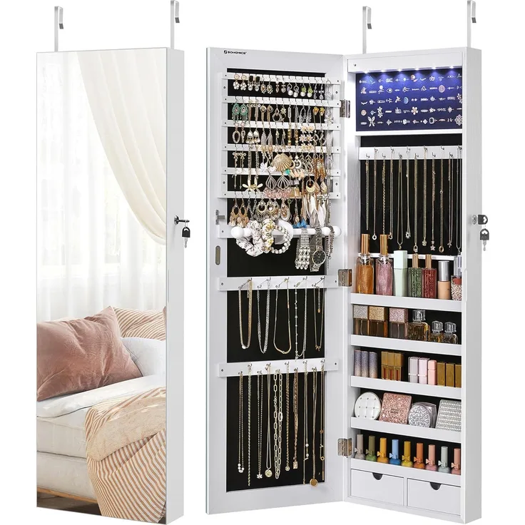 SONGMICS Schmuckschrank hängend, Spiegelschrank mit LED-Innenbeleuchtung, an der Tür hängend, MDF weiß, 37 x 9,3 x 108 cm