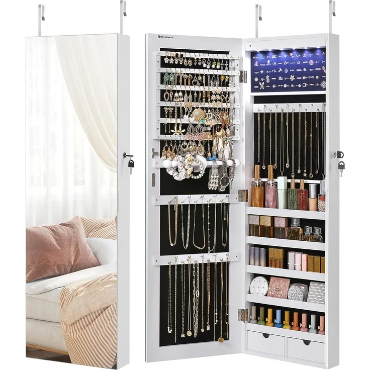 SONGMICS Schmuckschrank hängend, Spiegelschrank mit LED-Innenbeleuchtung, an der Tür hängend, MDF weiß, 37 x 9,3 x 108 cm