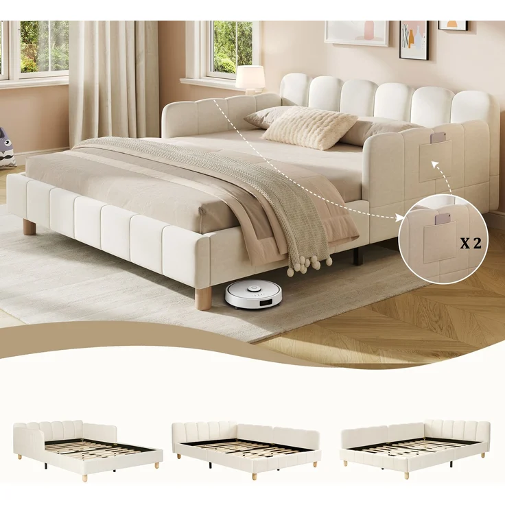 Merax Polsterbett, Kinderbett 140x190 cm, Bett mit und gepolstertes Kopfteil und Rausfallschutz, Bettbeine aus Massivholz, Samt, beige – Bild 3