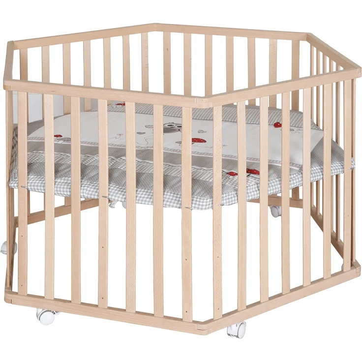 roba Laufgitter 'Adam & Eule' - Laufstall 6-eckig / hexagonal - Sicheres Spielgitter inkl. Schutzeinlage - Mobil dank Rollen - Holz natur – Bild 6