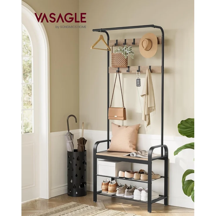 VASAGLE Garderobenständer, Garderobe, mit Schuhbank, 4-in-1 Design, 9 abnehmbare Haken, Kleiderstange, Eingangsbereich, Flur, 33,7 x 72 x 183 cm, Industrie-Design, Kamelbraun -tintenschwarz HSR040K02 – Bild 2