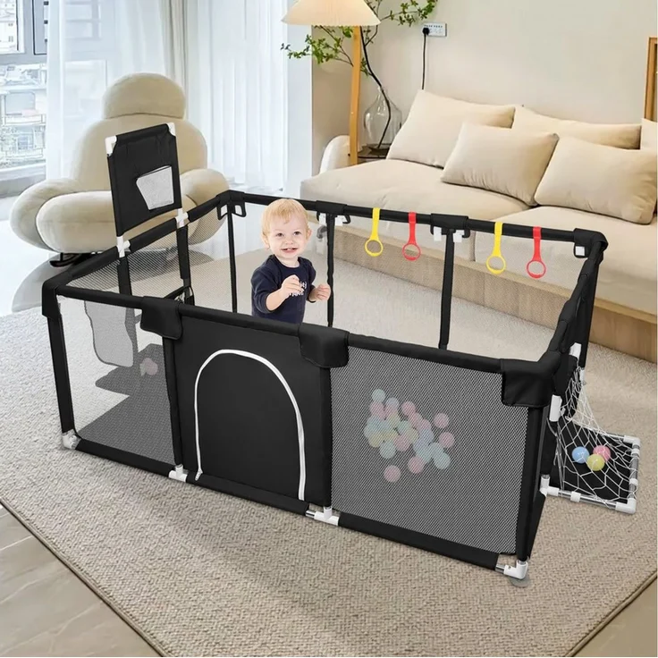JEOBEST Laufstall Baby Laufgitter - Große Sicherheitsspielplatz, 180x120x66cm - mit Basketball-Netz 50 Ozeanbälle und 4 bunten Ringen – Bild 3