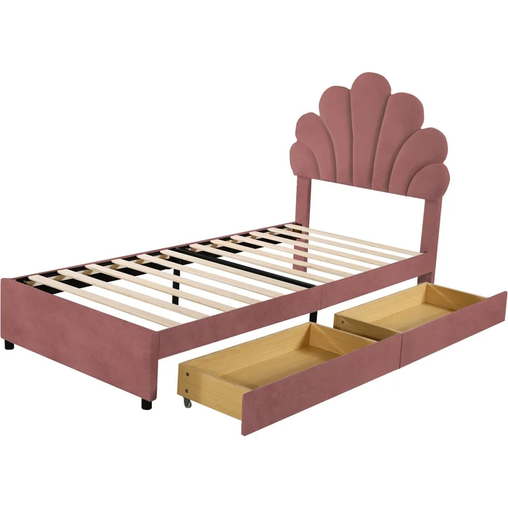 Polsterbett Kinderbett 90x200 cm, Bettrahmen mit geblümtem Kopfteil und Lattenrost, mit 2 Ablagefächern, Mädchenbett-Gästebett aus hautfreundlichem Samtstoff, Rosa – Bild 5