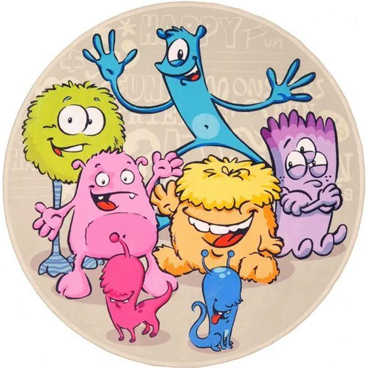 Kinderteppich- "Lovely Kids" Funny Monsters in Zwei Größen, Spielteppich, Kinderzimmer 100 x 100 cm Rund