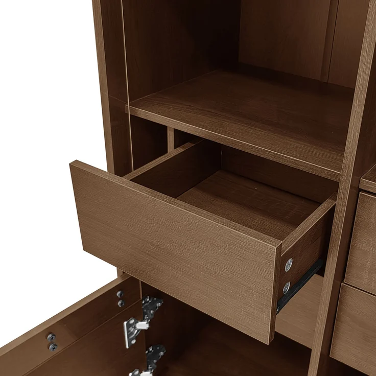 Mehrzweig-Vitrinenschrank in Nussbaumholzoptik: Glasfront + Etagenregal + versteckte Schublade｜Allround-Aufbewahrungslösung für Bad/Wohnzimmer/Büro--Holz--75.5x35x164.5cm--YOUDENOVA – Bild 10