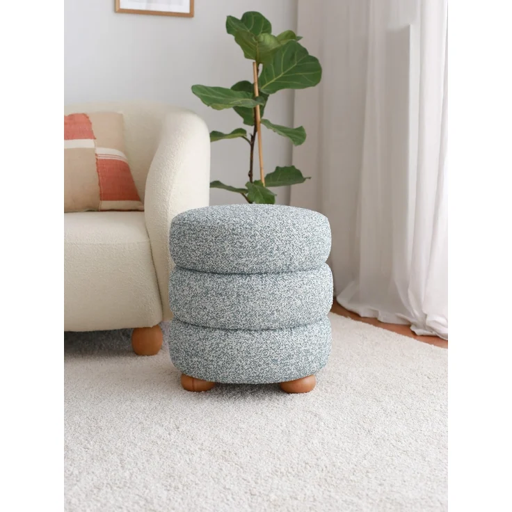 Stylish Pouffe with Wooden Frame, Teddy Fabric, 42 x 44 x 42 cm | Blue & Grey | Soft 24 DNS Feather Cushion | Perfect for Modern Living Spaces