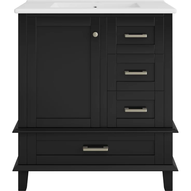 76x46x83,5cm schlichter Badezimmerschrank, komplett lackiert, Türregal, drei geräuschlose Schubladen, verstellbare Regale, integriertes Keramikwaschbecken, Schwarz – Bild 9
