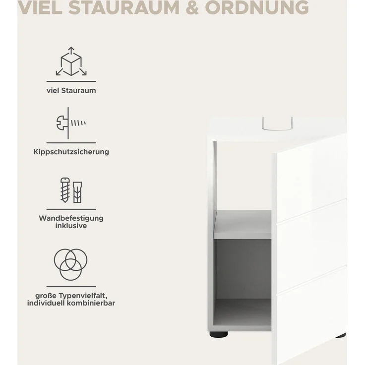Xonox. home 'Vira' Waschbeckenunterschrank mit Syphonausschnitt, MDF weiß, Hochglanz, 38 x 56 x 34 cm – Bild 9