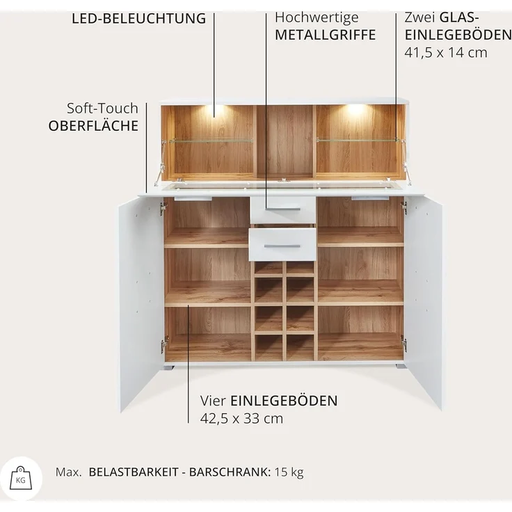 Kommode Barschrank Theke Sideboard Getränke ca. 120 x 129 x 37 cm FUN PLUS Weiß/Eiche Altholz Nb. – Bild 6