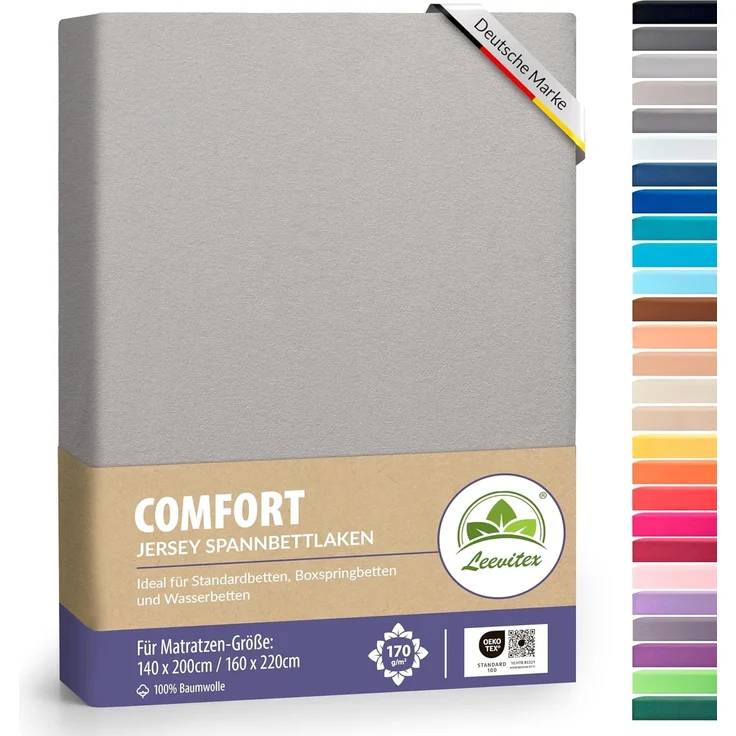 leevitex® Spannbettlaken, Premium 170g/m², Gummizug: rundum, schwer und dick, 100% Jersey-Baumwolle, Silber / Hellgrau, 140 x 200 - 160 x 220 cm