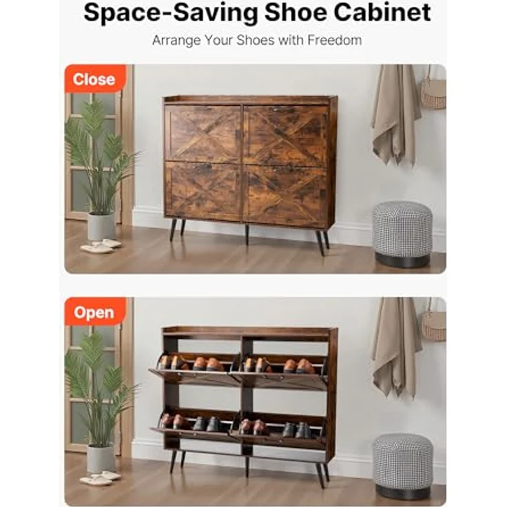 VEVOR Schuhschrank mit 4 Klappen & Kippschutz, platzsparender Schuhkipper, freistehender Schuhregal-Organizer für den Eingang Flur Wohnzimmer Veranda, Vintage Schuhregal 120 x 24 x 105 cm Braun – Bild 7