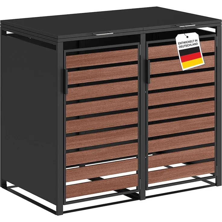 STEELSØN 'Kestra' Mülltonnenbox 2er je 240 Liter, graphitschwarz mit Nußbaum-Holzoptik, Mülltonnenverkleidung aus Stahl, wetterfest, 116x80x134 cm, Müllbox für 2 Tonnen – Bild 1