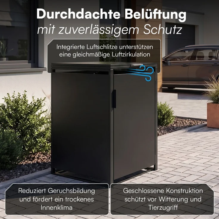 STEELSØN 'Thoria' Mülltonnenbox 1er je 240 Liter, graphitschwarz, Mülltonnenverkleidung aus Stahl, wetterfest, 116x80x69 cm, Müllbox für 1 Tonne – Bild 7