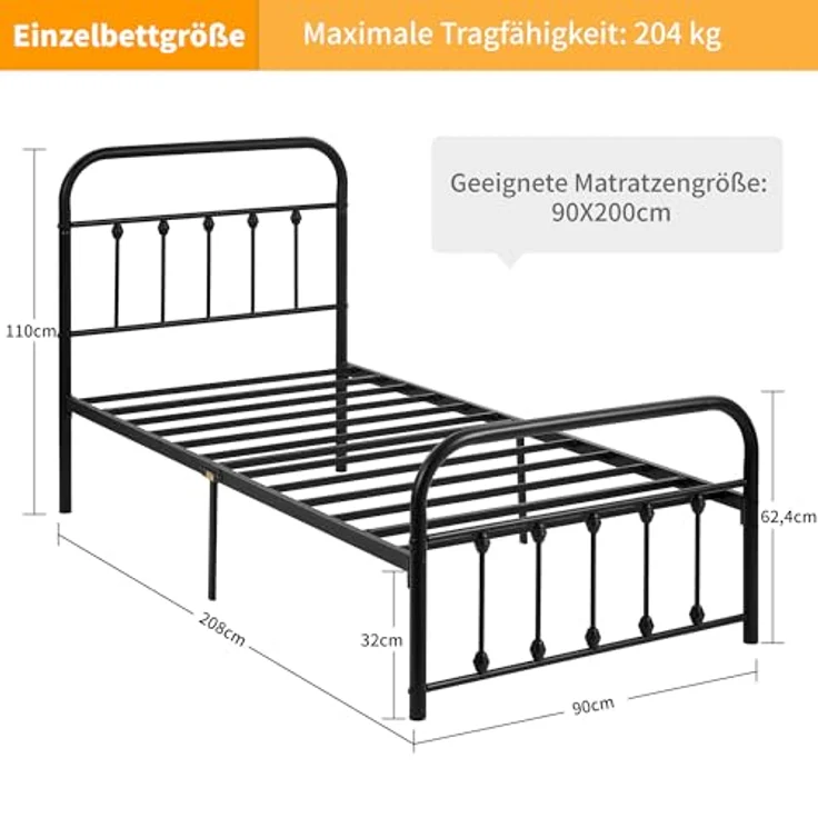 VECELO Bettrahmen 90 x 200 cm Metallbett mit Lattenrost und Hohem Kopfteil, Modern Gästebett Jugendbett, Einfacher Aufbau für Schlafzimmer Gästezimmer, Schwarz – Bild 2