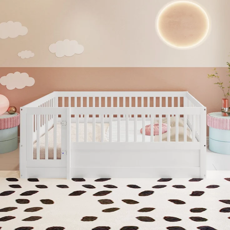 Kinder Bodenbett aus massivem Kiefernholz 140x200 cm mit Zaun & Tür,sicheres Spielbett,offenes Hausbett,Weiß – Bild 2