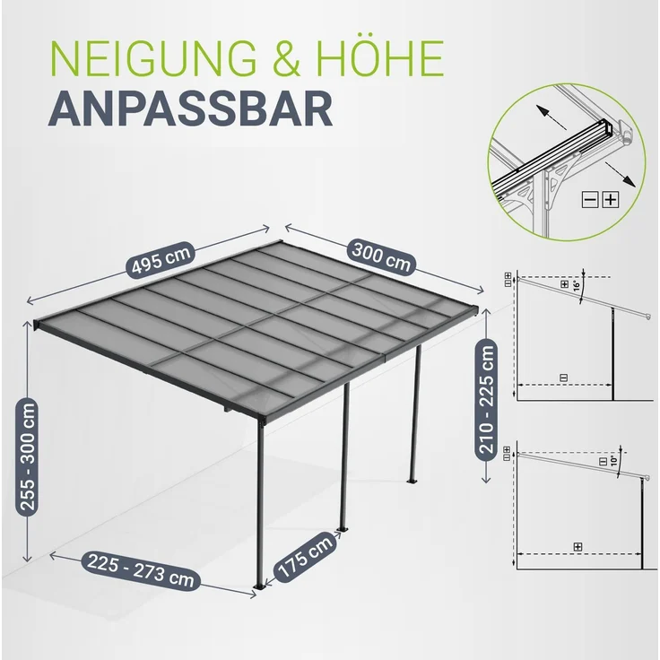 Juskys Terrassenüberdachung Borneo 5x3 m – Aluminium Terrassendach mit Doppelstegplatten Sonnenschutz Wandmontage Überdachung für Terrassen Dunkelgrau – Bild 5
