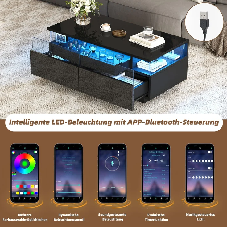 Merax Couchtisch mit Tablett, Hochglanz-Couchtisch fürs Wohnzimmer, Sofatisch mit 2 Schubladen, tragender Beistelltisch aus gehärtetem Glas, kaffeetisch mit LED-Licht, Schwarz – Bild 7