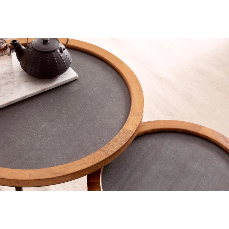 Couchtisch 2er Set Mango Massivholz Rund Metallgestell Modern Braun Anthrazit – Bild 4