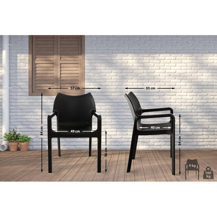 CLP Gartenstuhl Diva 4er Set, Kunststoff, stapelbar, wetterfest, mit Armlehnen,schwarz – Bild 2
