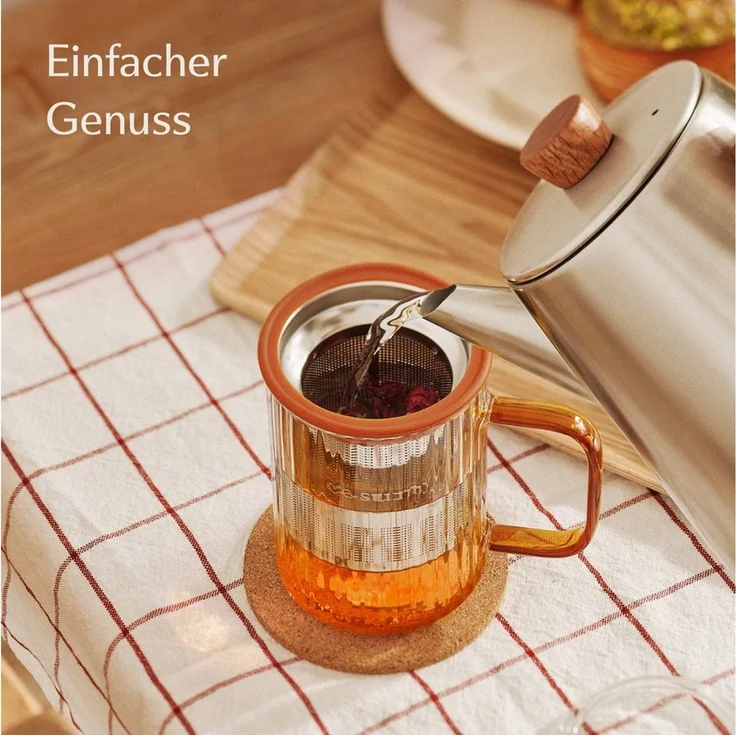 Cosumy Teeglas Teetasse mit Deckel und Sieb 450ml Orange, 1-tlg, Borosilikatglas, Edelstahl, Kork, Edelstahlfilter – Bild 2