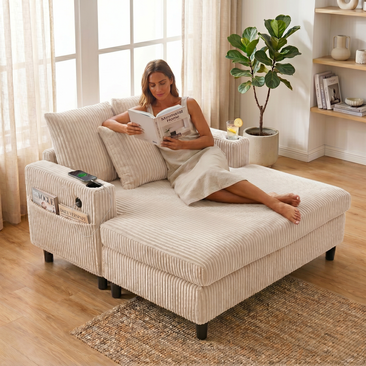 LVHOM Schlafsofa mit LED & USB, Cordstoff Palmensessel, Loungesofa mit Seitentaschen & Getränkehalter, 350kg Tragkraft, 128x85x142 cm, Beige