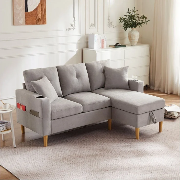 Merax 3-Sitzer Ecksofa Eckcouch in L-Form Eckgarnitur, L-förmiges Sofa aus Baumwoll- und Leinenstoff, 175*129*90cm 1 Teile, 3-Sitzer-Sofa mit integriertem Stauraum, Getränkehaltern und 2 Kissen – Bild 2