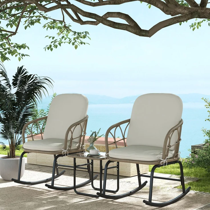 MELAYR, Schaukelstuhlset Schaukelstühle Bistro-Set, Bohostil, PE-Rattan, wetterbeständig, 63 x 82 x 75 cm, Gelb+Creme – Bild 3