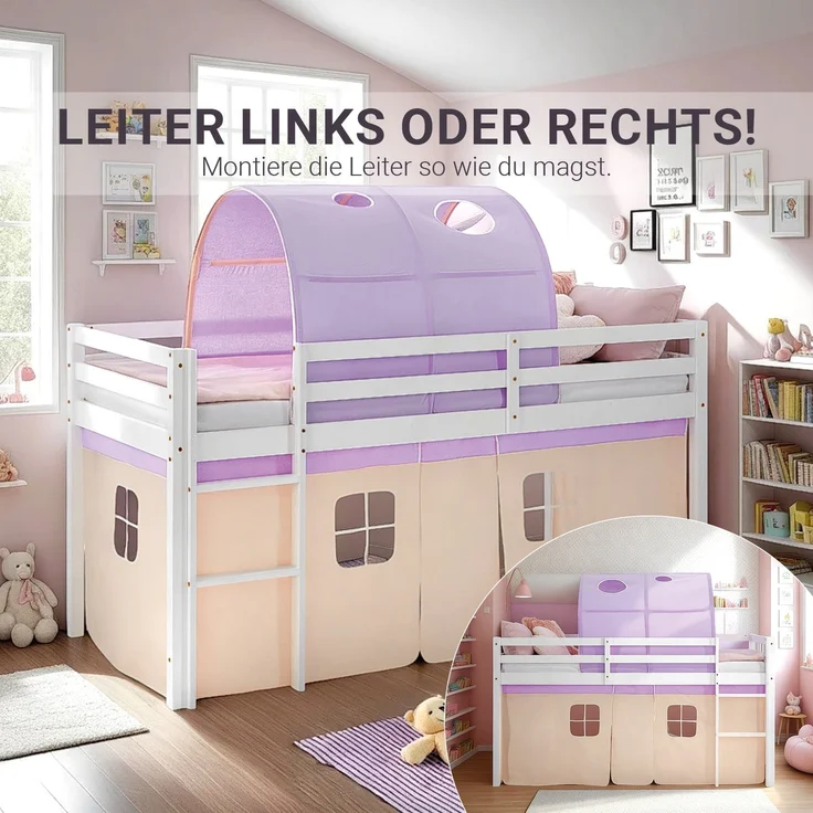 Hochbett Kinder 90x200 cm Kinderbett Kinderhochbett Stockbett Tunnel Vorhang Lila Peach Leiter Holz Massiv – Bild 6