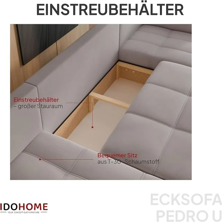 U-förmiges Ecksofa (mit Schlaffunktion und Stauraum), Dunkelgrau – Bild 4