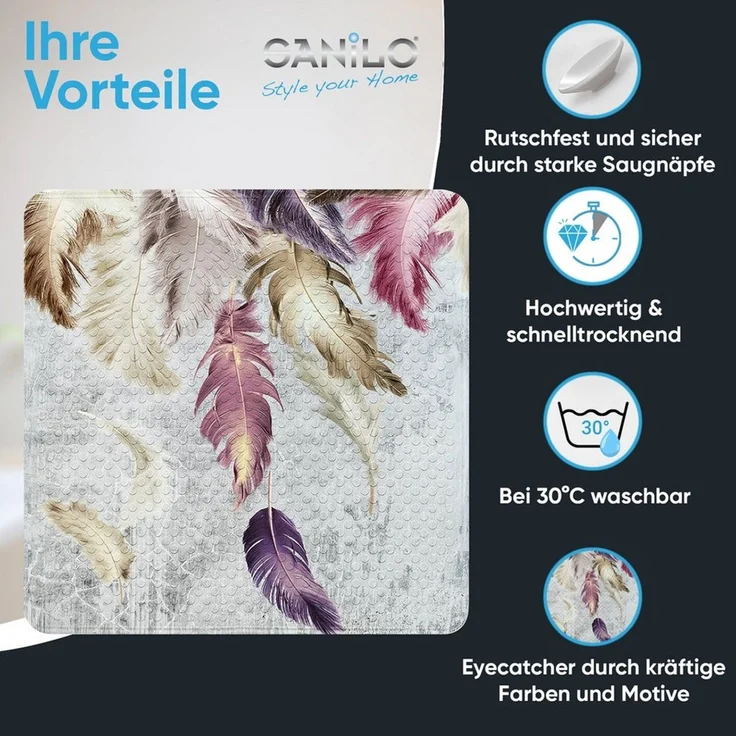 Sanilo Duschmatte, mit Motiv, rutschfest, waschbar, quadratisch, 230 extra starke Saugnäpfe, Kunststoff PVC, 53 x 53 cm, Federn – Bild 2