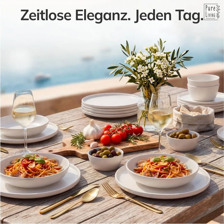 PURE LIVING INTERIOR DESIGN Geschirr-Set Pure Living »Crystal« (24-tlg), 6 Personen, Porzellan Weiß, 6 Personen, Porzellan, Zeitloses minimalistisches Design, Reines Weiß – elegant & schlicht, … – Bild 2