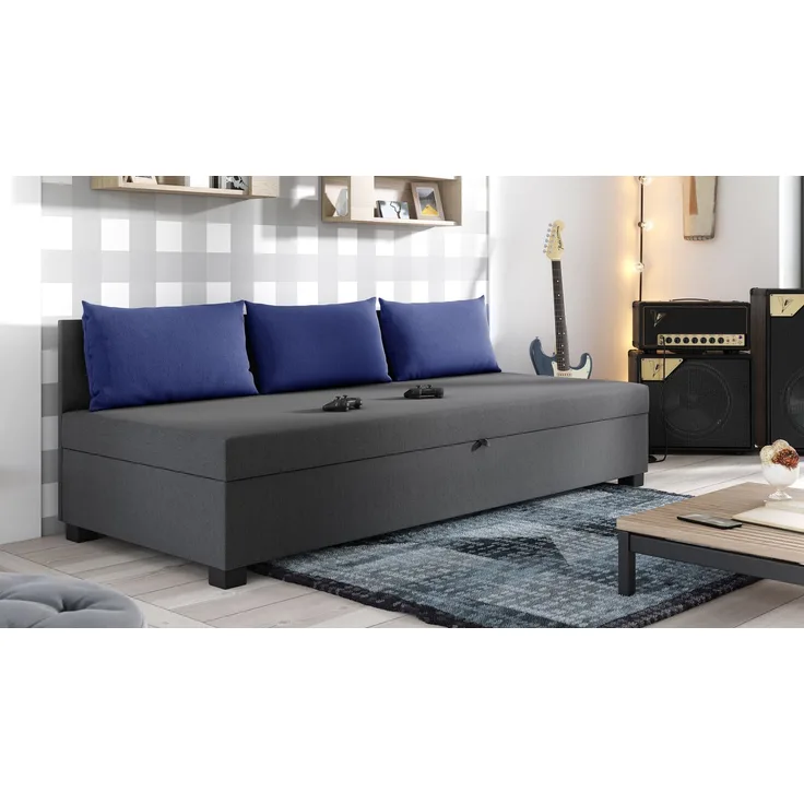 Schlafsofa Misti III - Einzelbett mit Kissen, Sofa mit Bettkasten, Bettsofa, Farbauswahl, Bettgestell, Komfortbett, Bett für Jugendzimmer, Schlafmöbel (Graphit + Blau (Lux 06 + Lux 20))
