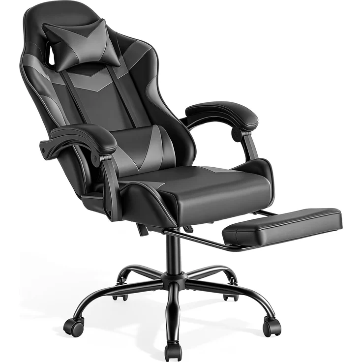 Sweetcrispy Gaming Stuhl, Gaming Chair mit Fußstütze Kopfstütze Lendenwirbelstütze, Ergonomischer PC Stuhl, Höhenverstellbarer Bürostuhl Computerstuhl, Gamer Stuhl, Drehbarer Schreibtischstuhl, Grau – Bild 1