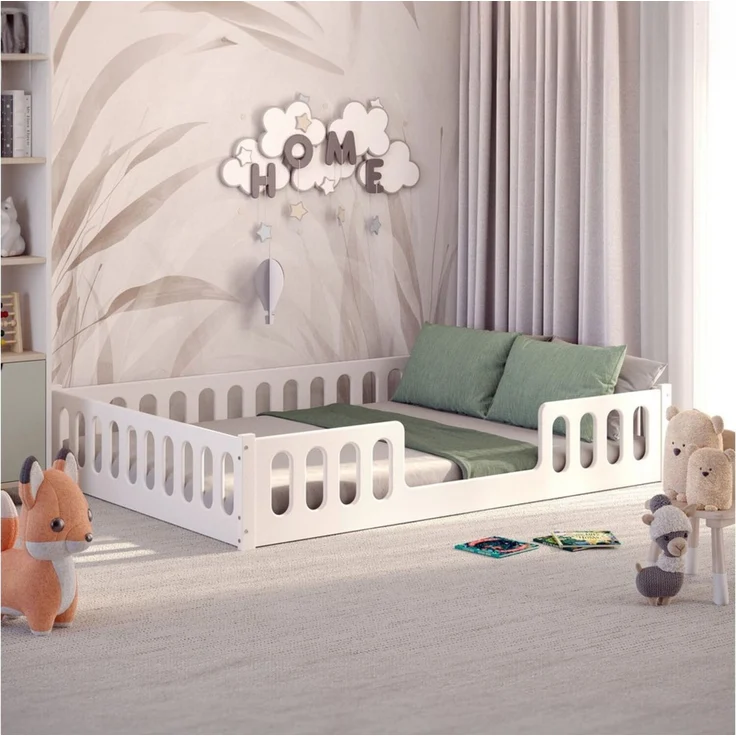 CADANI Monte 2in1 Bodenbett 140x200 cm Montessori Kinderbett Rausfallschutz abnehmbar - weiß, 46 kg schwer, bis 200 kg belastbar, extra starker Roll-Lattenrost, umbaubar – Bild 1