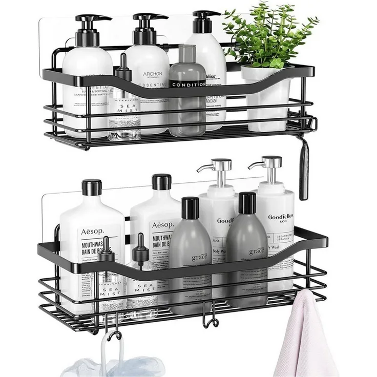 SURFOU Duschregal Duschablage Set ohne Bohren, Edelstahl Regal für Bad und Küche, Duschablage ohne Bohren 2 Stück set, mit 5 haken, zur Aufbewahrung von Shampoo, Duschgel, Handtüchern, Toilettenartikeln und Reinigungsmitteln, Rostfreier Wand-Duschregal
